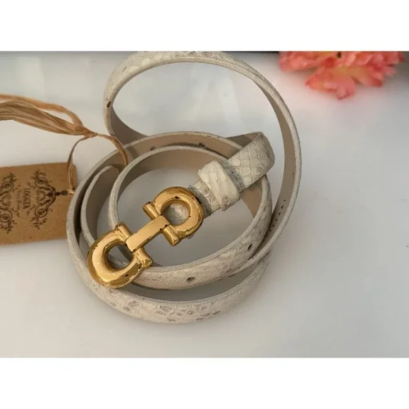 Anna Pellissari Size L Gold Tone Buckle Beige Gray Animal Print Leather Belt NWT